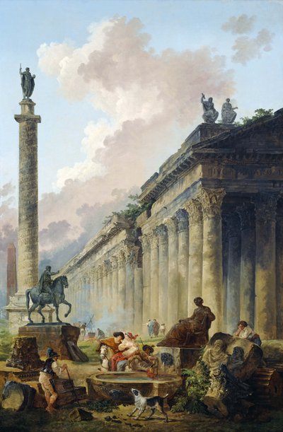 Denkbeeldig uitzicht op Rome met ruiterstandbeeld van Marcus Aurelius, de zuil van Trajanus en een tempel door Hubert Robert